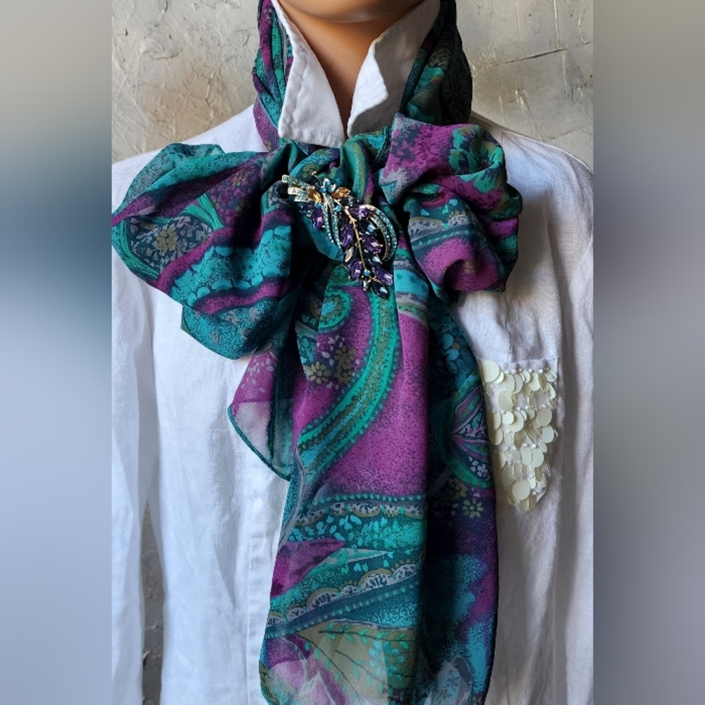 Designer Blue Purple Violet Scarf Silk/Viscose Bow Jabot Paisley Big Brooch - Picture 4 of 17